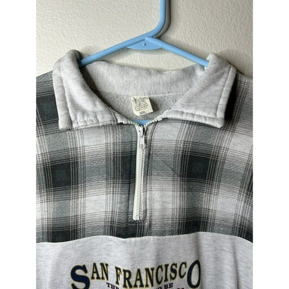 San Francisco The Place To Be 1994 Sweater Gray Plaid 1/4 Zip Size XXL Grey - Picture 7 of 14